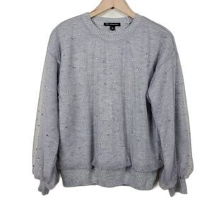 INC Long Sleeve Sweater Gray Embellished Overlay Rhinestone Womens Size S NEW